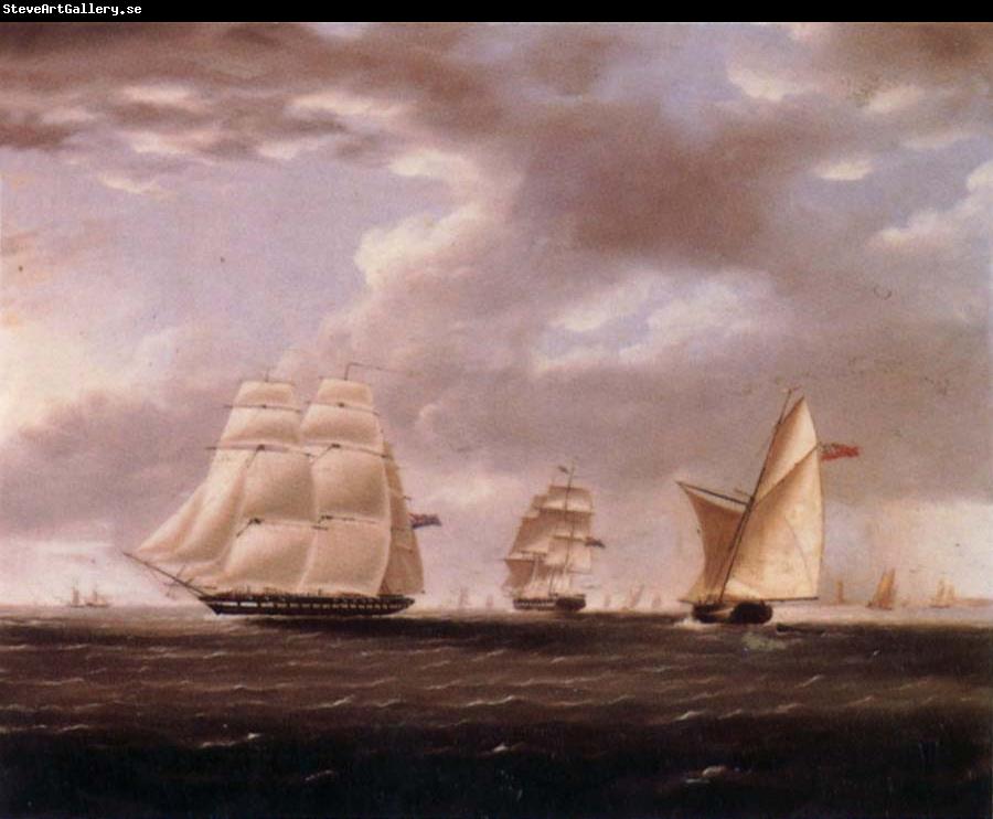 Thomas Buttersworth Two British frigates and a yawl passing off a coast